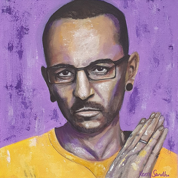 Expressive acrylic portrait of a human figure with glasses and clasped hands against a purple background