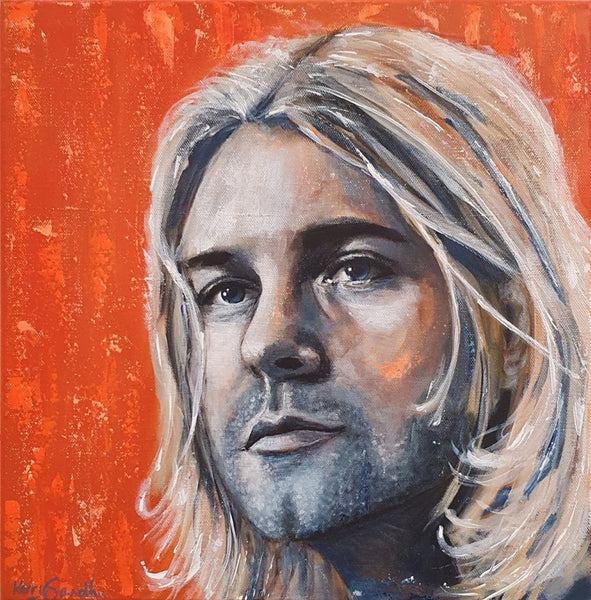 Expressive acrylic portrait of a human figure with light hair against a vivid orange background
