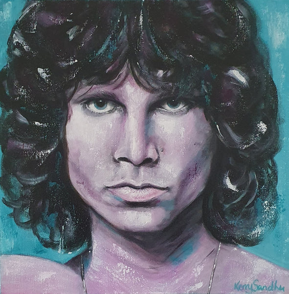 Expressive acrylic portrait of a human figure with long curly hair against a blue-green background