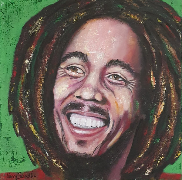 Expressive acrylic portrait of a smiling human figure with long textured hair against a green background