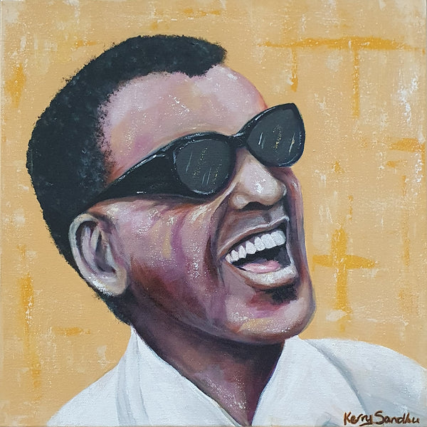 Expressive acrylic portrait of a laughing human figure wearing sunglasses against a yellow background