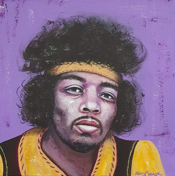 Expressive acrylic portrait of a human figure with curly hair and headband against a purple background