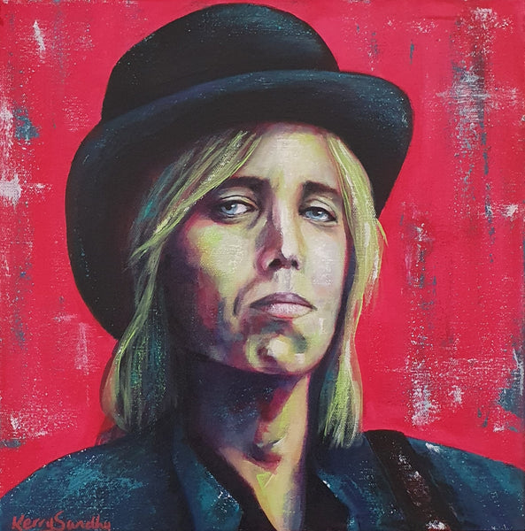 Expressive acrylic portrait of a human figure wearing a hat against a textured red background