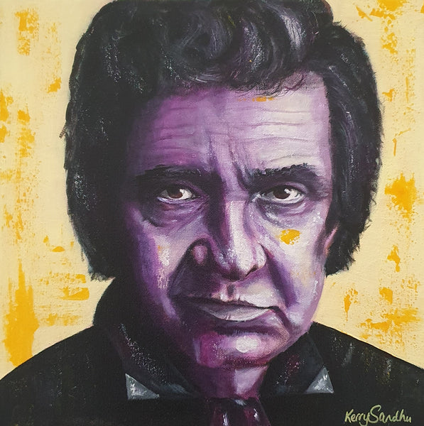 Expressive acrylic portrait of a human figure with dark hair and intense expression against a yellow background
