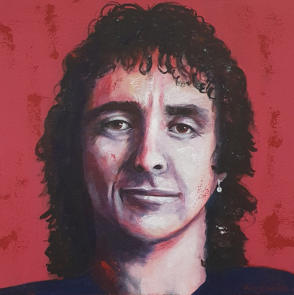Expressive acrylic portrait of a human figure with curly dark hair against a textured red background