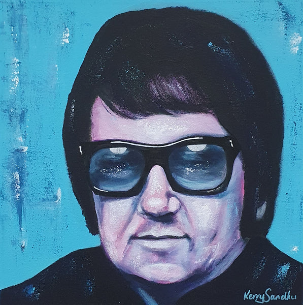 Expressive acrylic portrait of a human figure wearing glasses against a textured blue background