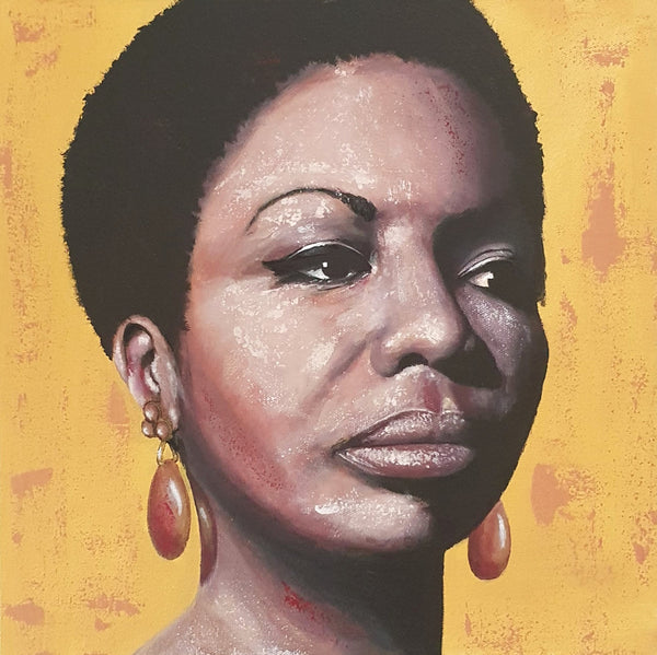 Expressive acrylic portrait of a human figure shown in profile against a warm yellow background