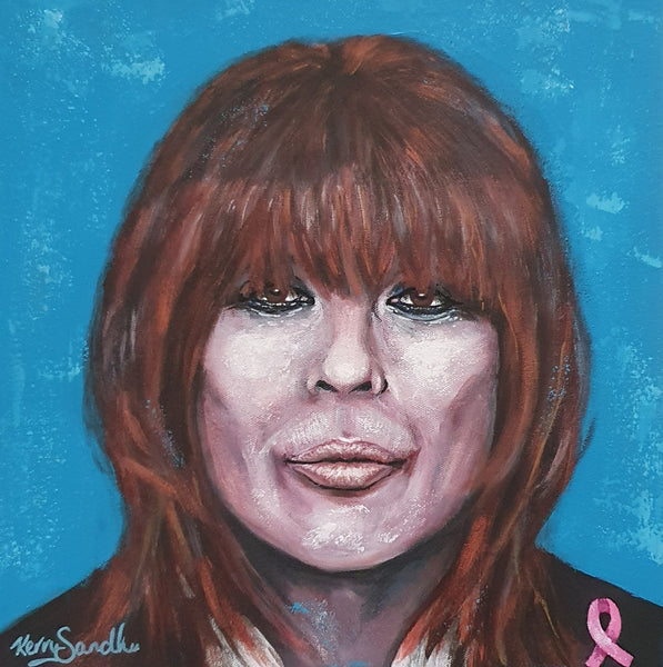Expressive acrylic portrait of a human figure with red hair and calm expression against a textured blue background