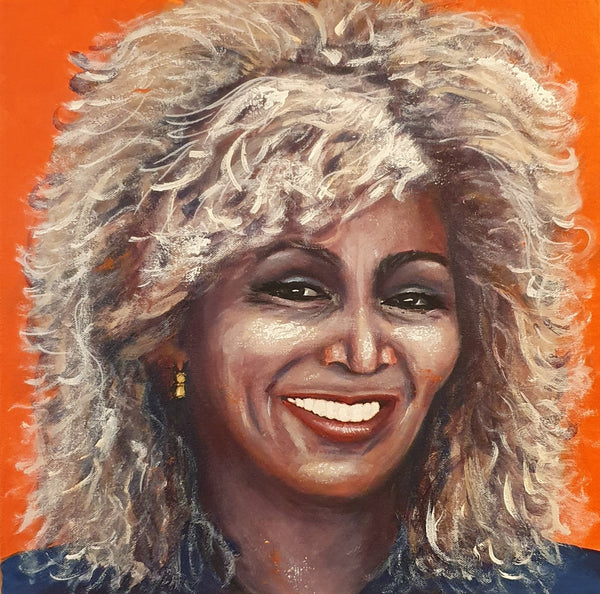 Expressive acrylic portrait of a smiling human figure with light, textured hair against a vivid orange background