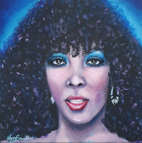 Expressive acrylic portrait of a human figure with curly hair and bold makeup against a deep blue background