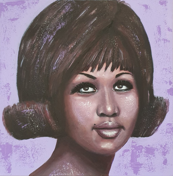 Expressive acrylic portrait of a human figure with short dark hair against a purple background
