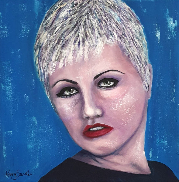 Expressive acrylic portrait of a human figure with short light hair against a blue background