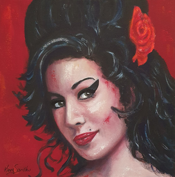 Expressive acrylic portrait of a human figure with dark hair styled up and a flower accent against a red background