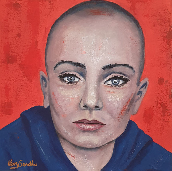 Expressive acrylic portrait of a human figure with a shaved head against a textured orange background