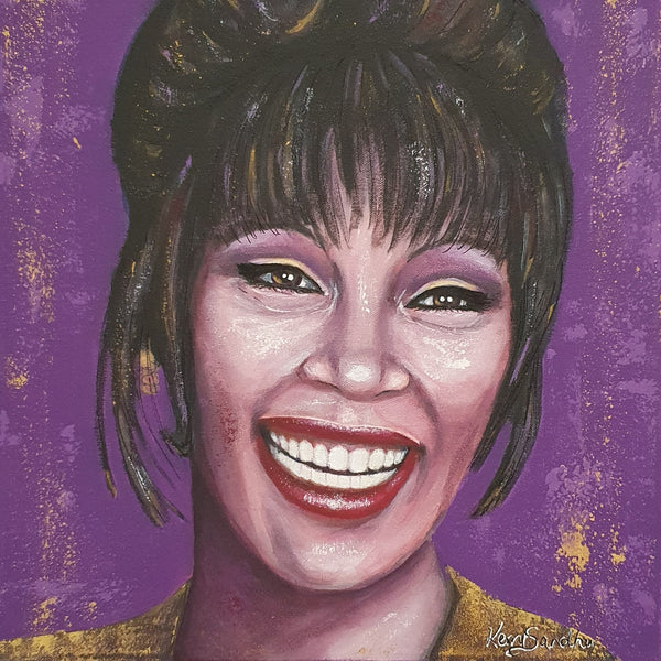 Expressive acrylic portrait of a smiling human figure with dark hair styled up against a purple background