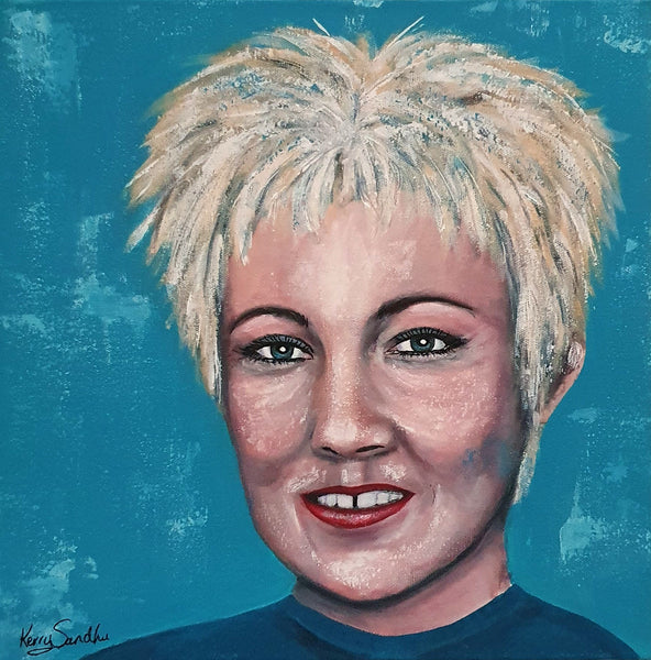 Expressive acrylic portrait of a human figure with short light hair against a textured blue background