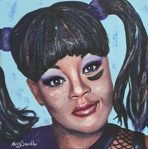 Expressive acrylic portrait of a human figure with dark hair styled in pigtails against a blue background