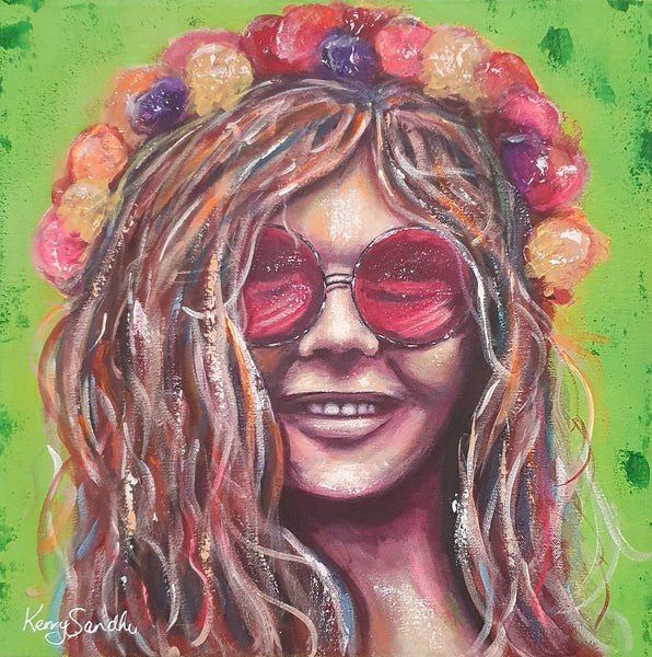 Expressive acrylic portrait of a human figure wearing round glasses and a floral headpiece against a green background