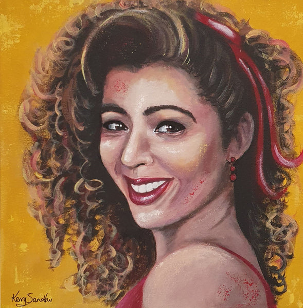 Expressive acrylic portrait of a human figure with curly hair and a ribbon against a yellow background