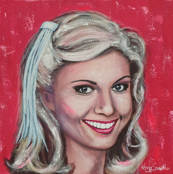 Expressive acrylic portrait of a smiling human figure with light hair against a deep pink background