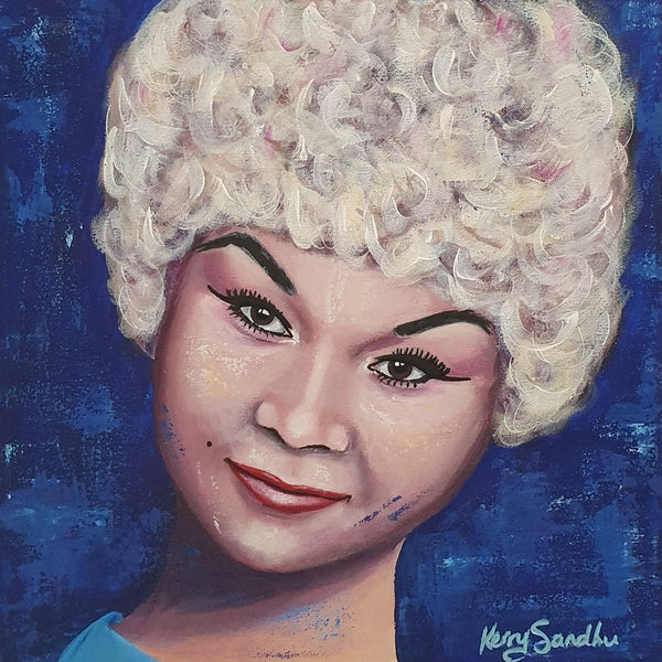 Acrylic portrait of a female with short curled white hair, winged eyeliner and a deep blue textured background.