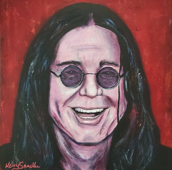 Expressive acrylic portrait of a human figure with long dark hair and round glasses against a textured red background
