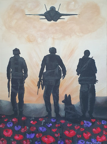 Original Artwork painted ANZAC Day 2023. 3 soldiers & a dog walking through red & purple poppies with an F-18 jet flying over