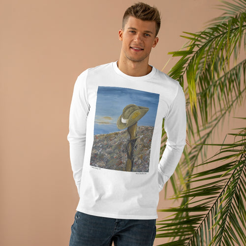 Original painting of a Digger's slouch hat resting on a gun with an ANZAC inspired Crest on the front of a long sleeve tee and available in black and wite