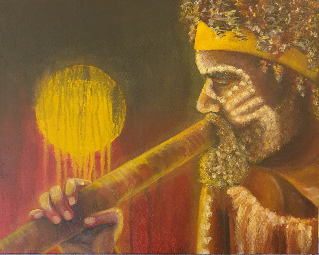 Original painting of an Aboriginal man playing the didgeridoo 