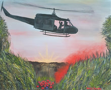 Load image into Gallery viewer, Original painting of a huey helicopter hovering over red smoke and poppies in Vietnam
