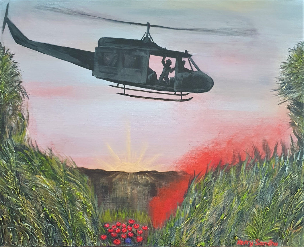 Original painting of a huey helicopter hovering over red smoke and poppies in Vietnam