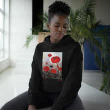 Load image into Gallery viewer, Original painting of red poppies with an abstract background on the front of a pullover hoodie - available in various colours
