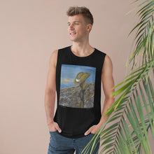 Load image into Gallery viewer, Original painting of a Digger&#39;s slouch hat resting on a gun with an ANZAC inspired Crest in the front of a unisex tank available in black and white

