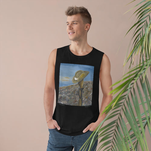 Original painting of a Digger's slouch hat resting on a gun with an ANZAC inspired Crest in the front of a unisex tank available in black and white
