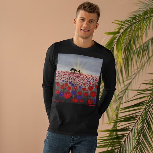 Original artwork of a sunrise (in the form of the ANZAC Crest) with a silhouette of a soldier kneeling next to his horse drinking from his hat in a field of red and purple poppies on the front of a unisex long sleeve tee. Available in black or white.