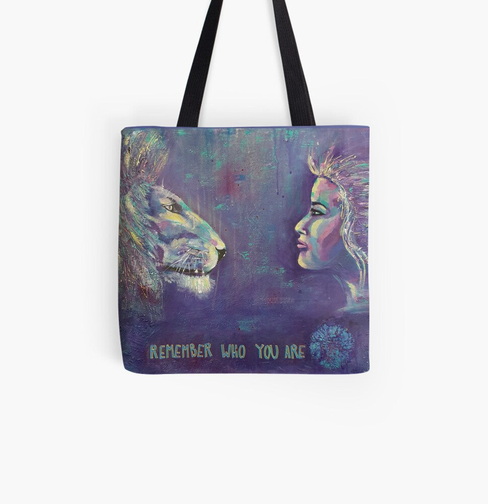 Bold colour painting of a lion & a lady looking at each other with the words 