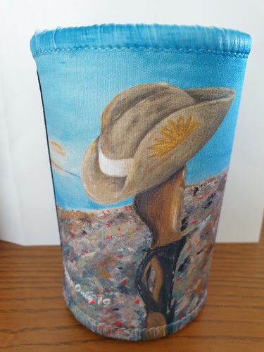 Original painting of a Digger's slouch hat resting on a gun with an ANZAC inspired Crest on a double sticked excellent quality stubby holder / cooler