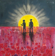 Load image into Gallery viewer, Original painting of a rising sun which is an abstract version of the Aboriginal flag with the silhouette of an Aboriginal holding a spear and a soldier holding a gun surrounded by red poppies
