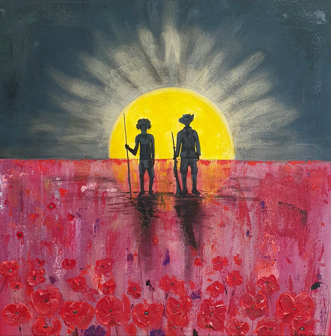Original painting of a rising sun which is an abstract version of the Aboriginal flag with the silhouette of an Aboriginal holding a spear and a soldier holding a gun surrounded by red poppies