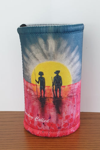 Original painting of a rising sun which is an abstract version of the Aboriginal flag with the silhouette of an Aboriginal holding a spear and a soldier holding a gun surrounded by red poppies on a double stitched, excellent quality stubby holder / cooler