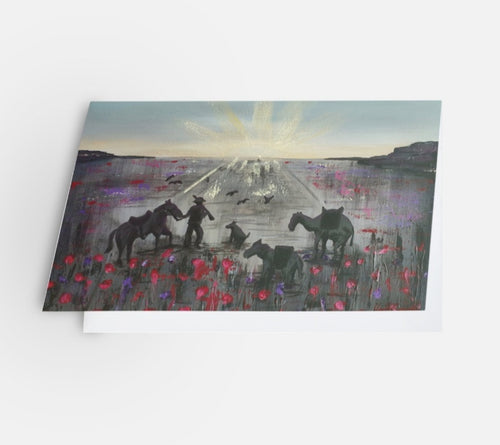 Original painting of a soldier, horse, camel, donkey, dog and birds walking towards an ANZAC Crest inspired sunrise through a field of poppies on a blank card