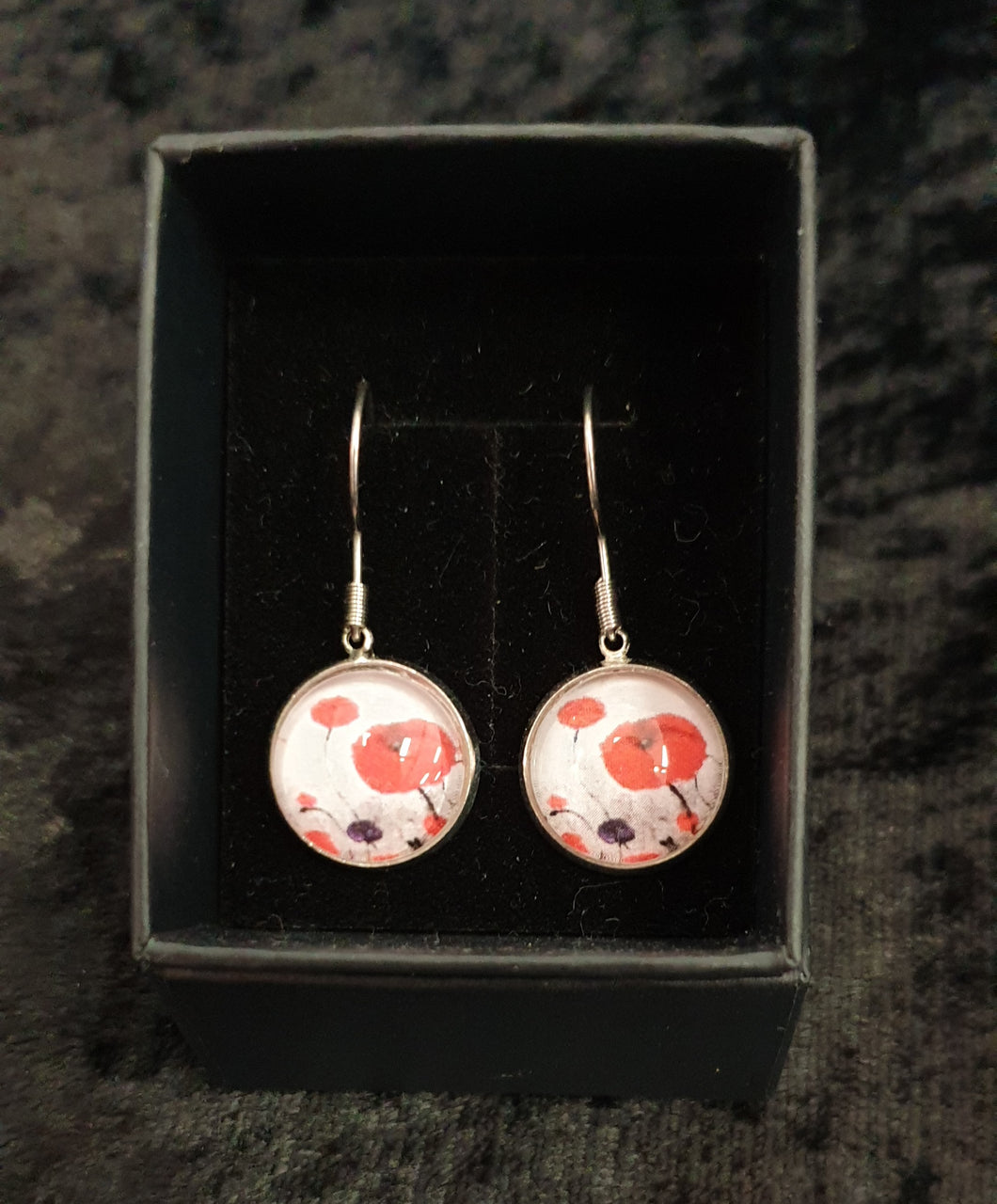 Original painting of red poppies with an abstract background on surgical steel 14mm round fishhook earrings