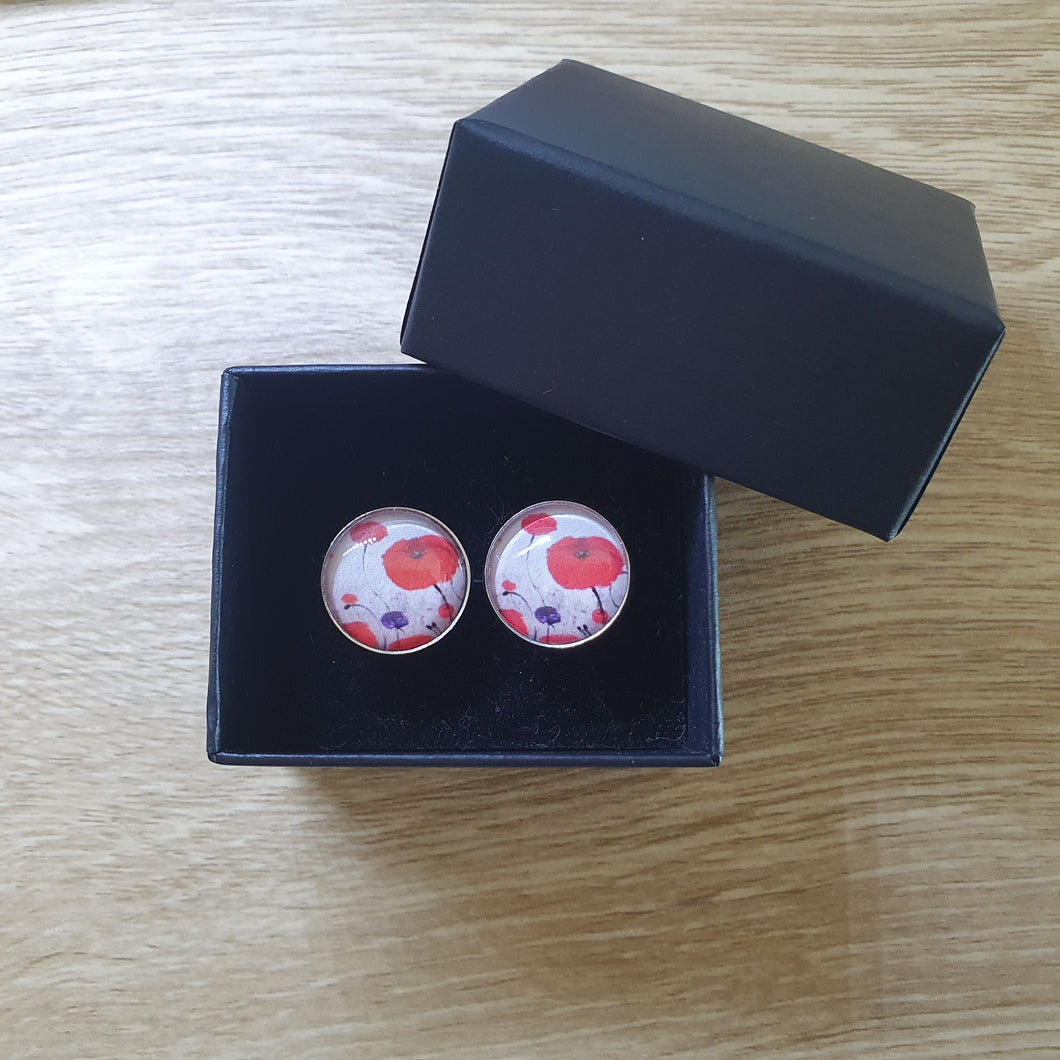 Original painting of red poppies with an abstract background on 16mm surgical steel stud earrings