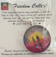 Load image into Gallery viewer, 30mm Pendant/Chain -Abstract Aboriginal flag/Rising Sun silhouette of Aboriginal holding spear, soldier holding gun &amp; poppies
