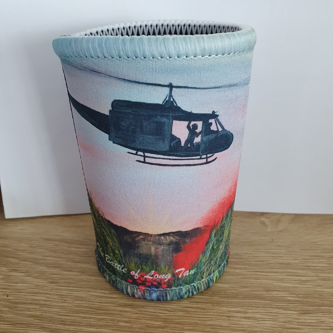 Original painting of a huey helicopter hovering over red smoke and poppies in Vietnam on double stitched excellent quality stubby holder / cooler