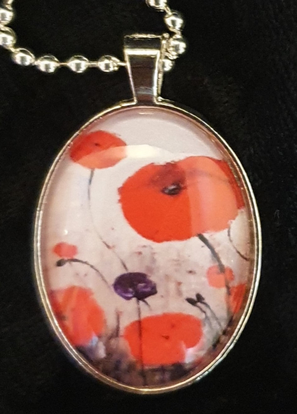 For The Fallen - 22 x 30mm OVAL PENDANT & NECKLACE - Designed from original ANZAC Day artwork - red poppies