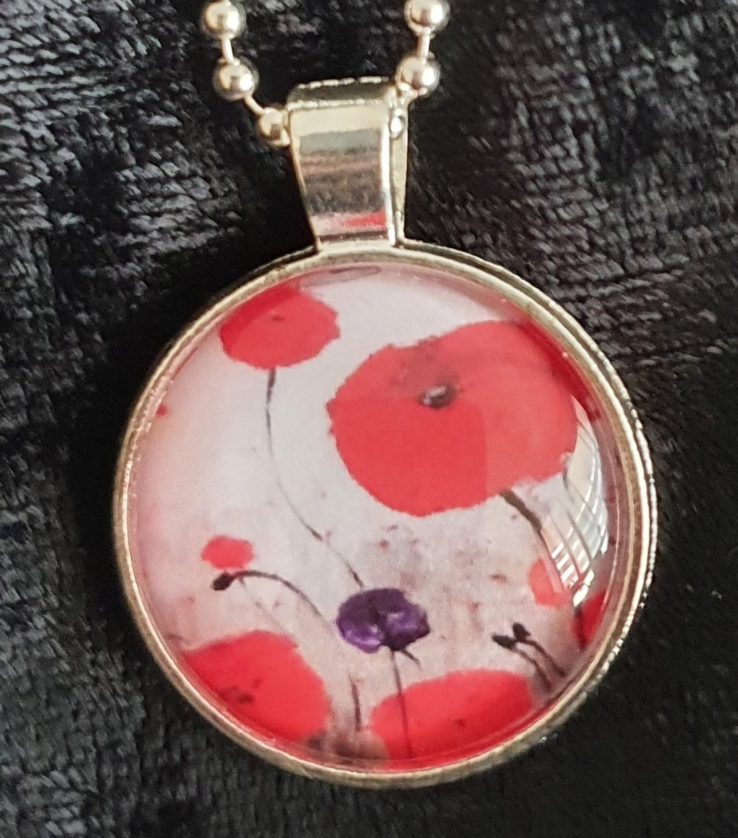 25mm Silver Pendant & Chain - Original painting of red poppies with an abstract background