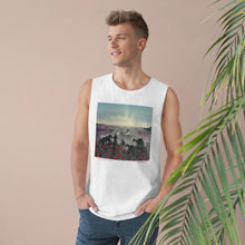 Load image into Gallery viewer, Original painting of a soldier, horse, camel, donkey, dog and birds walking towards an ANZAC Crest inspired sunrise through a field of poppies on a unisex tank available in black and white
