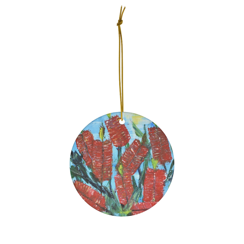 Original painting of a red bottle brushes on a round ceramic ornament with hanging string