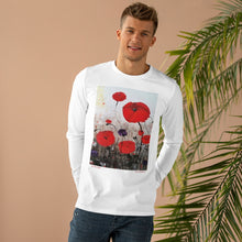 Load image into Gallery viewer, Original painting of red poppies with an abstract background on the fron of a heavy long sleeve tee - available in black and white
